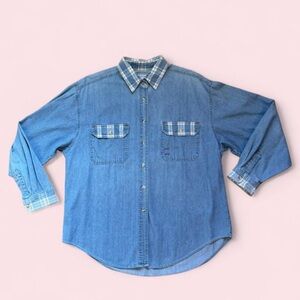 Vintage Denim Shirt with Plaid Accents